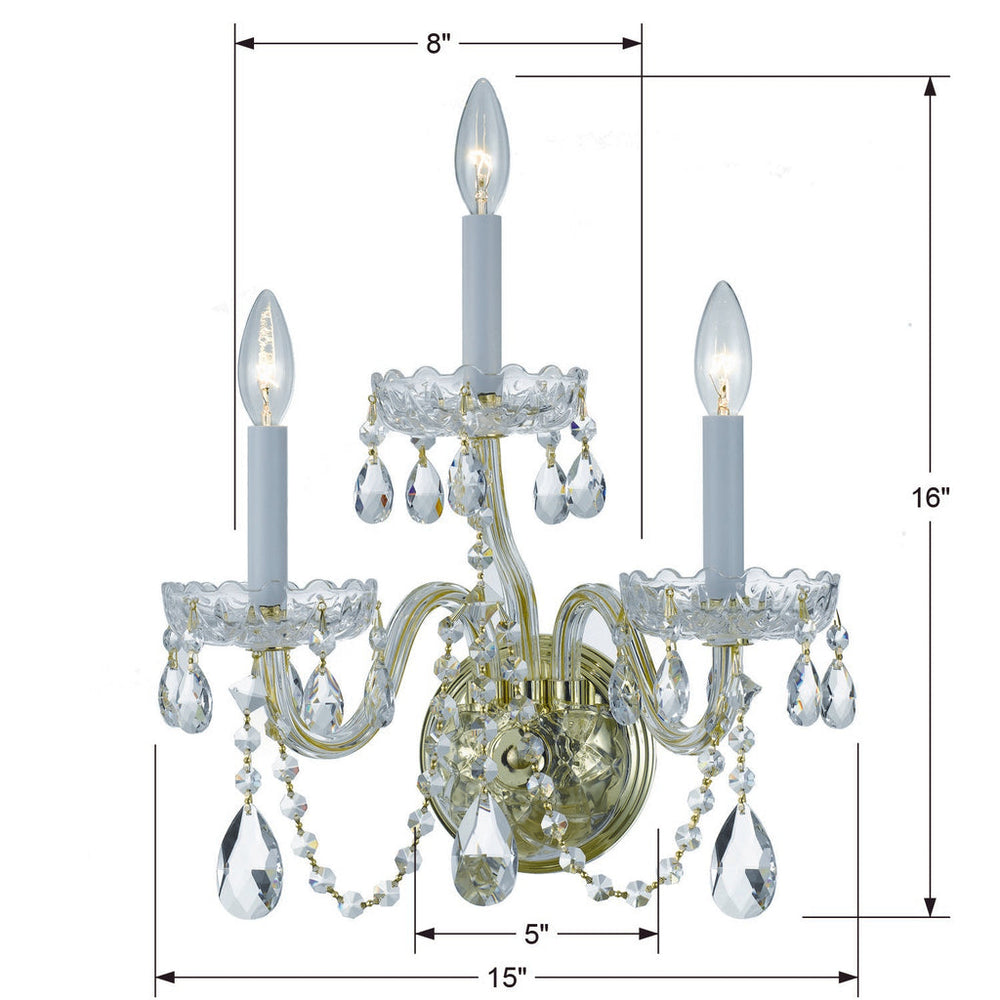 Traditional Crystal 3 Light Hand Cut Crystal Polished Brass Sconce Crystorama