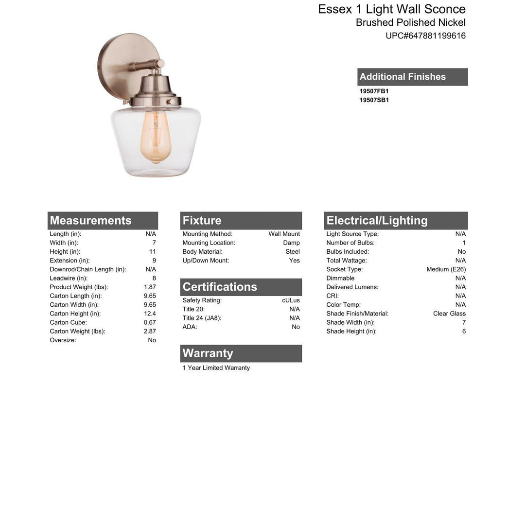 CRAFTMADE Essex 1 Light Wall Sconce in Brushed Polished Nickel