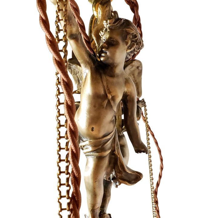 LUMEN ARIA 22 Inch Handmade Antique Cherub Two-Light Chandelier With Brass Chain