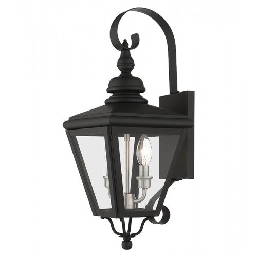 2 Light Black Outdoor Medium Wall Lantern with Brushed Nickel Finish Cluster Livex