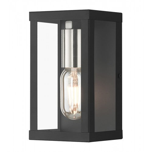 1 Light Black Outdoor ADA Small Wall Lantern with Brushed Nickel Finish Accents Livex