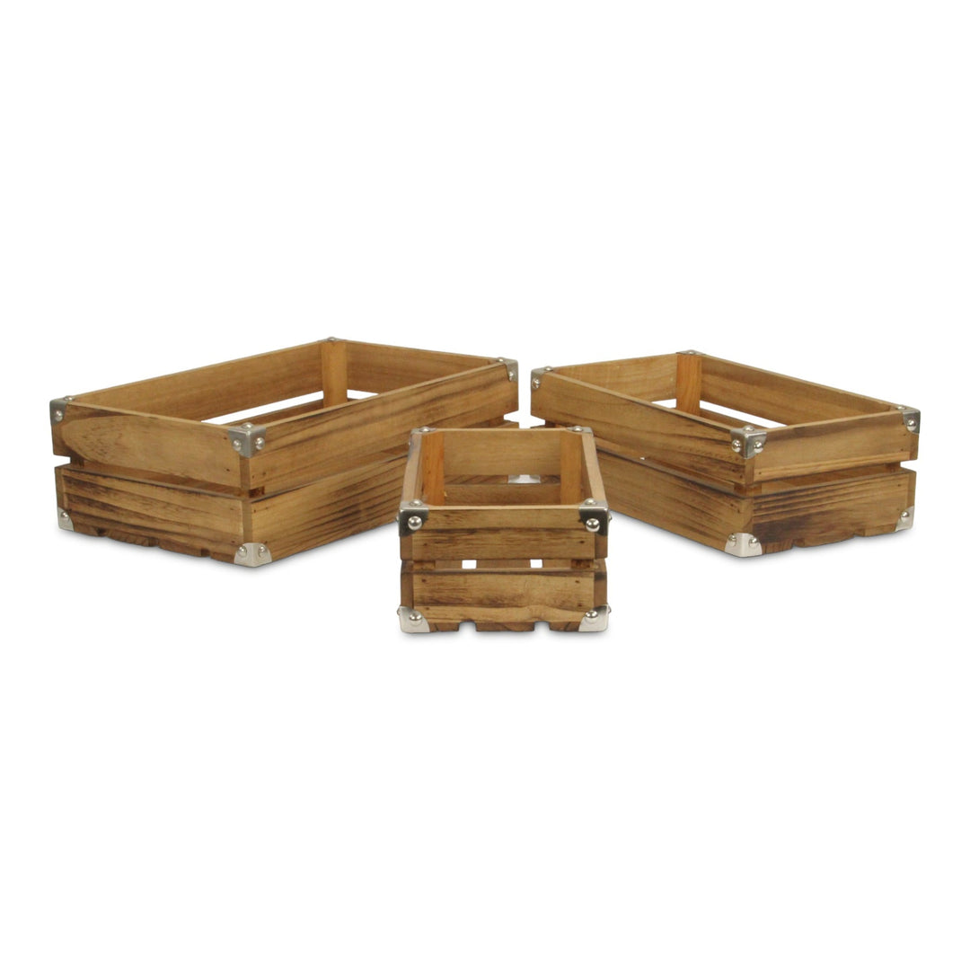 CHEUNGS Rustic Farmstead Dark Brown Studded Rectangular Wood Crate Set