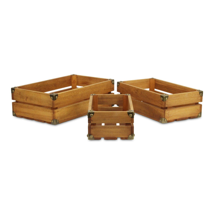 CHEUNGS Rustic Farmstead Medium Brown Studded Rectangular Wood Crate Set