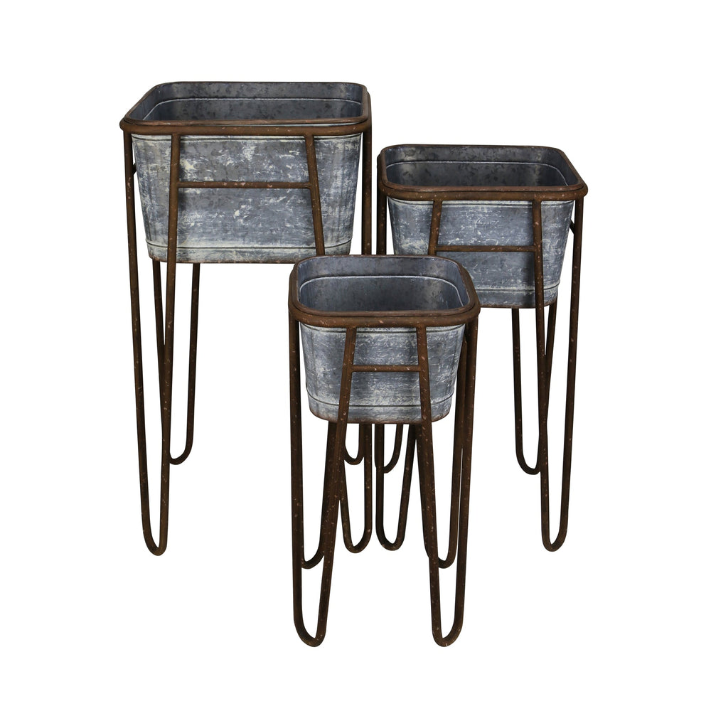 CHEUNGS Selene Set of 3 Galvanized Planters & Rustic Stands