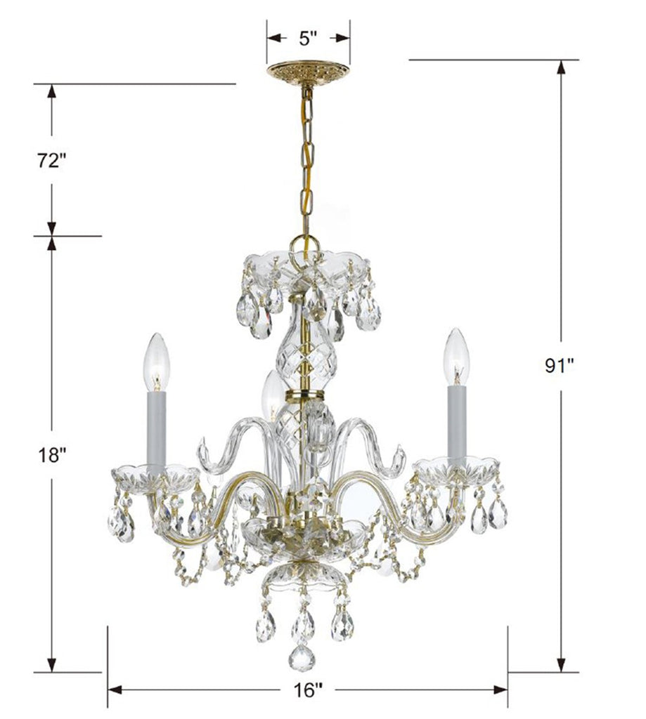 Traditional Crystal 3 Light Clear Italian Crystal Polished Brass Mini Chandelier Crystorama