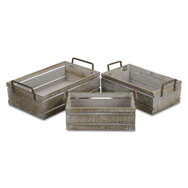 CHEUNGS Selma Set of 3 Brown Wood Grain Slatted Rectangular Small Crate with Side Handles