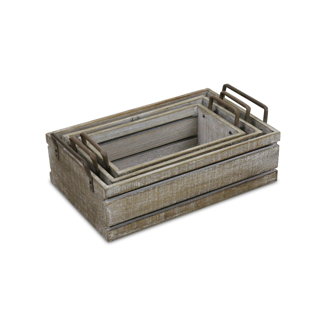 CHEUNGS Selma Set of 3 Brown Wood Grain Slatted Rectangular Small Crate with Side Handles