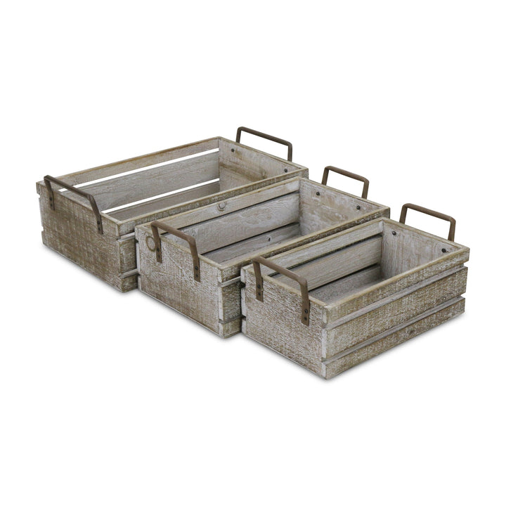 CHEUNGS Selma Set of 3 Brown Wood Grain Slatted Rectangular Small Crate with Side Handles