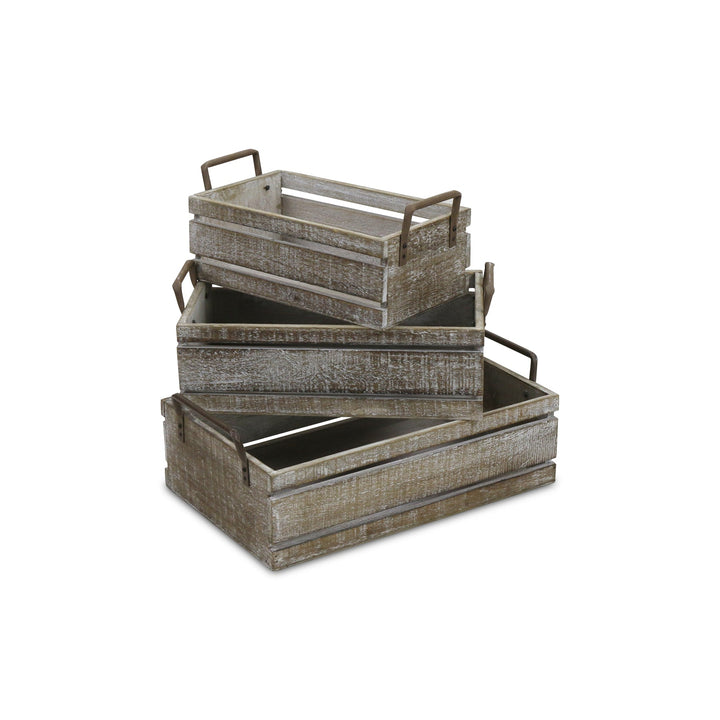 CHEUNGS Selma Set of 3 Brown Wood Grain Slatted Rectangular Small Crate with Side Handles