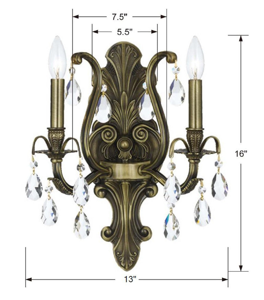 Crystorama Crystorama Dawson 2 Light Hand Cut Crystal Antique Brass Sconce