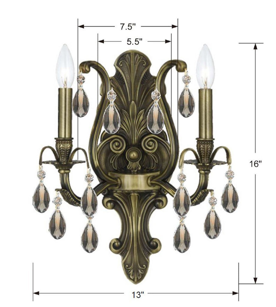 Crystorama Crystorama Dawson 2 Light Golden Teak Hand Cut Crystal Antique Brass Sconce