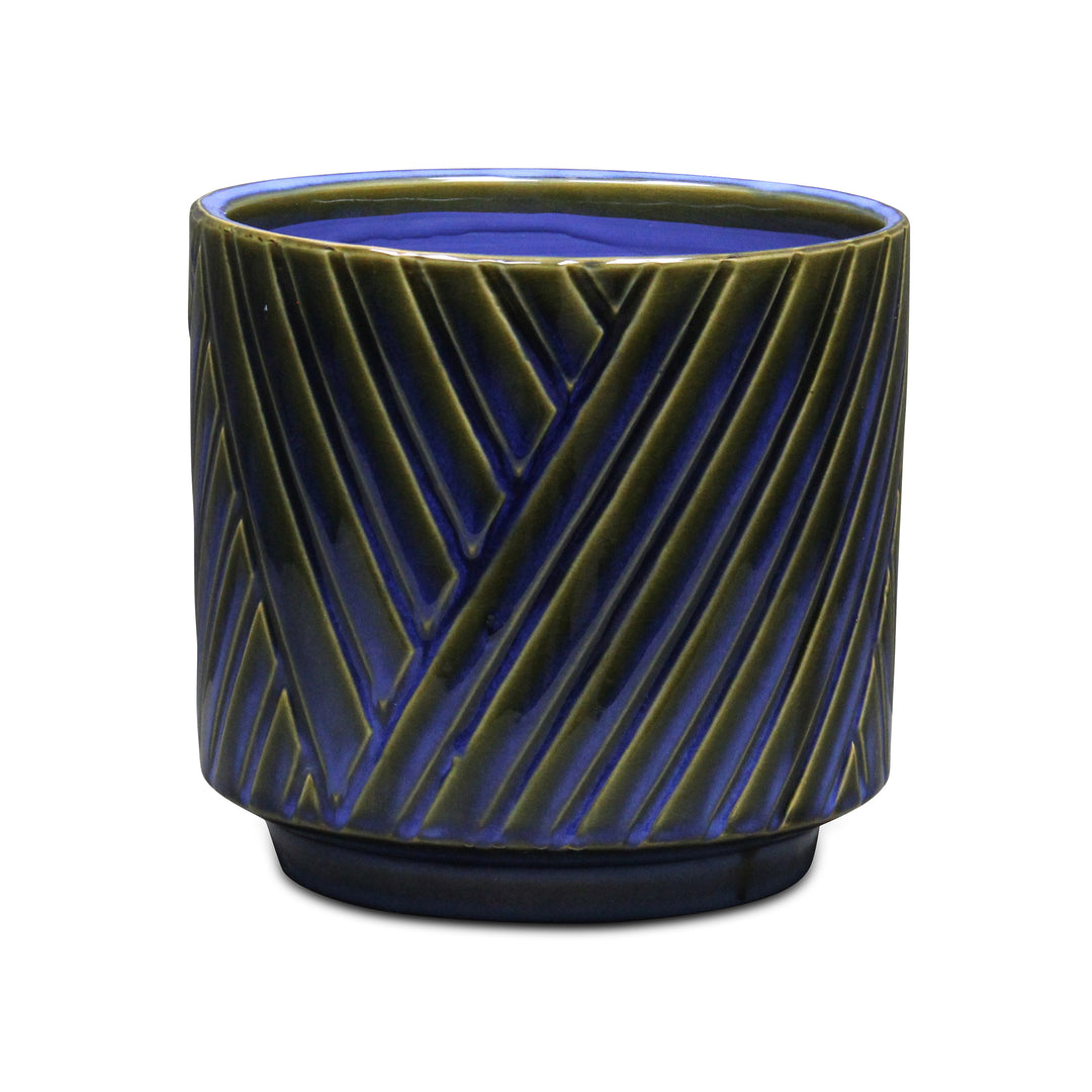 CHEUNGS Parlora Crossed Diagonal Pattern Straight Side Ceramic Pot - Large - Blue