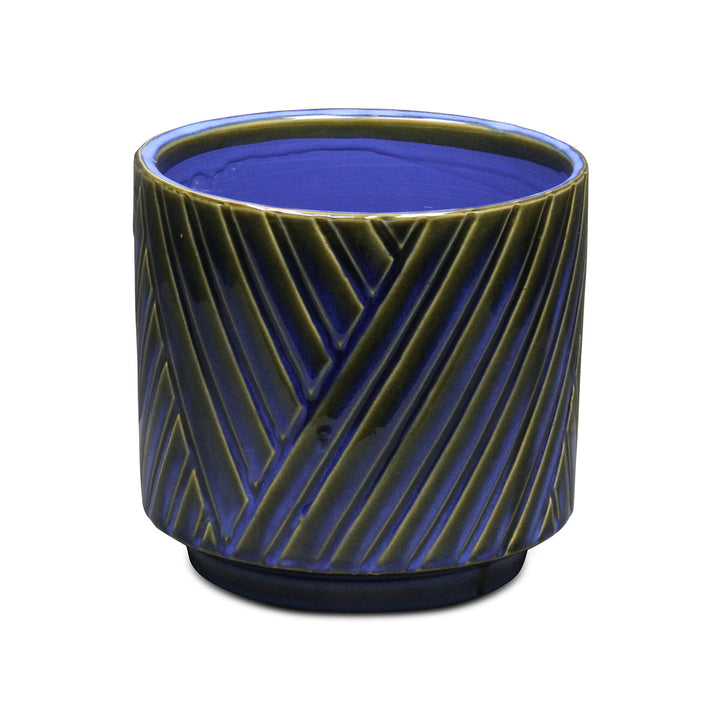 CHEUNGS Parlora Crossed Diagonal Pattern Straight Side Ceramic Pot - Large - Blue