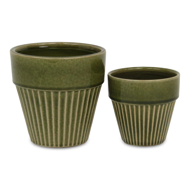 CHEUNGS Corseta Tapered Vertical Lined Pattern Ceramic Pot - Large - Olive Green