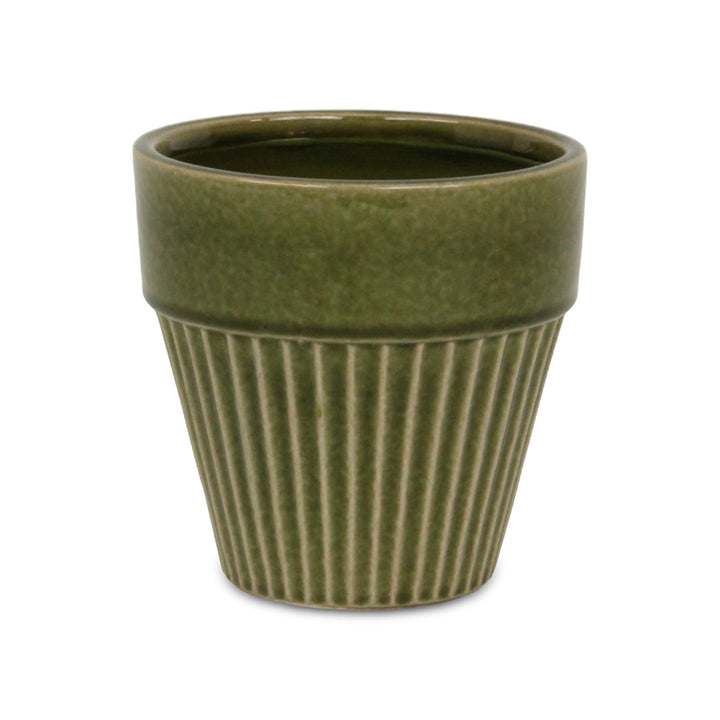 CHEUNGS Corseta Tapered Vertical Lined Pattern Ceramic Pot - Large - Olive Green