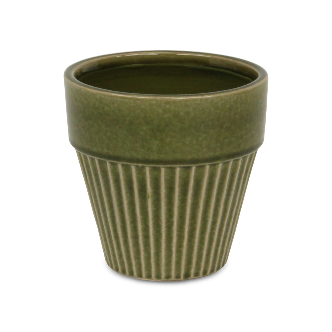 CHEUNGS Corseta Tapered Vertical Lined Pattern Ceramic Pot - Large - Olive Green