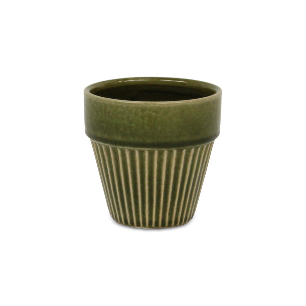 CHEUNGS Corseta Tapered Vertical Lined Pattern Ceramic Pot - Small - Olive Green