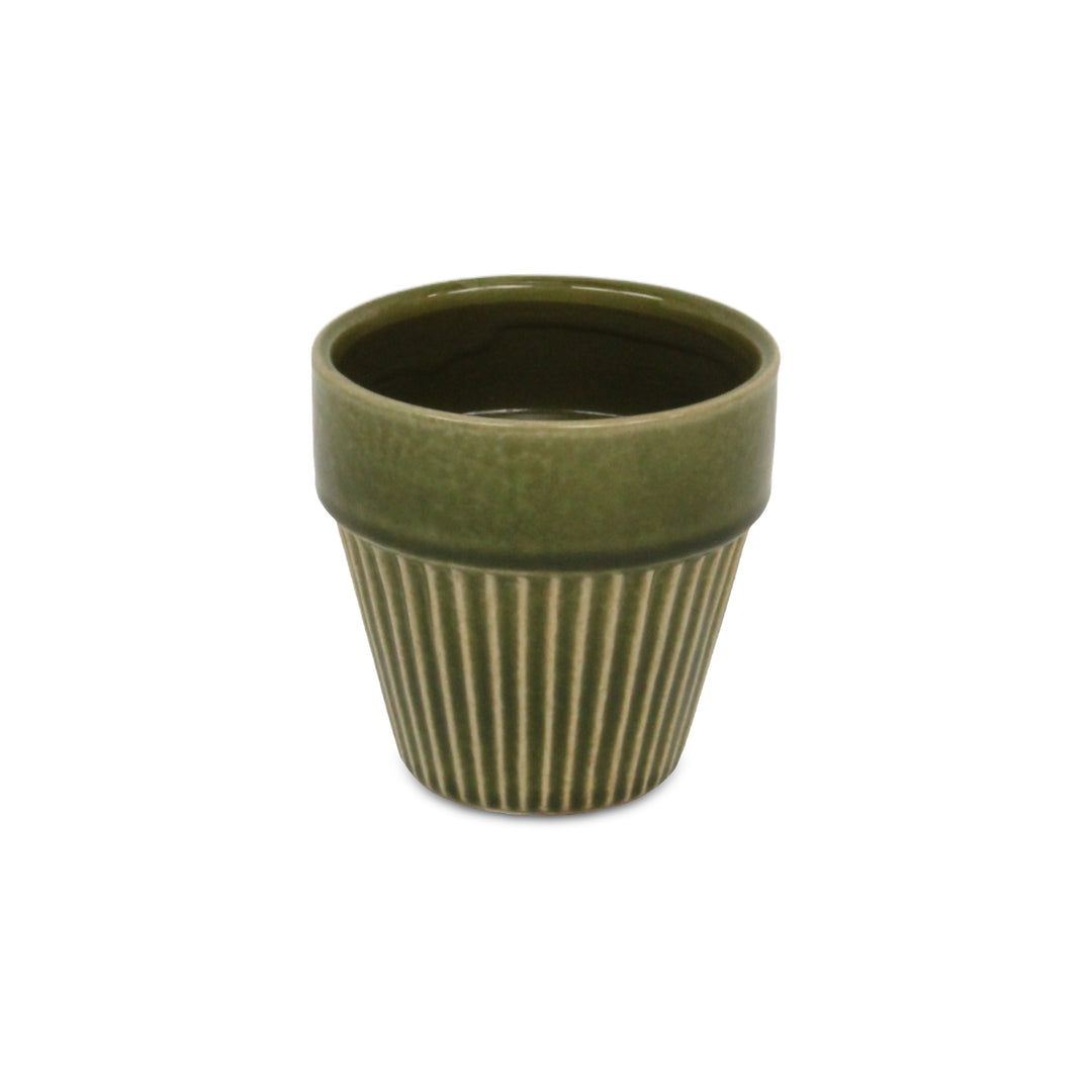 CHEUNGS Corseta Tapered Vertical Lined Pattern Ceramic Pot - Small - Olive Green