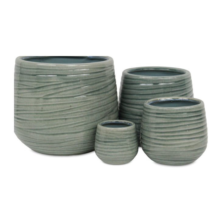 CHEUNGS Fairloam Round Curved Wave Lined Pattern Ceramic Pot- X-Large - Green