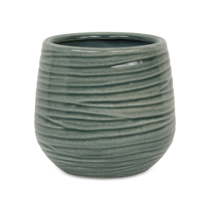 CHEUNGS Fairloam Round Curved Wave Lined Pattern Ceramic Pot- Large - Green