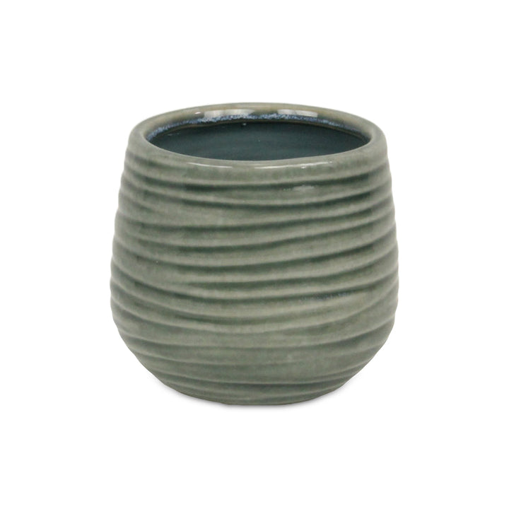 CHEUNGS Fairloam Round Curved Wave Lined Pattern Ceramic Pot- Medium - Green