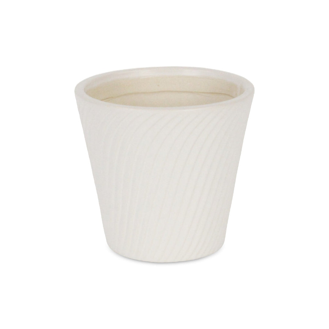 Currula Tapered Curved Swirl Pattern Ceramic Pot - Small - White CHEUNGS