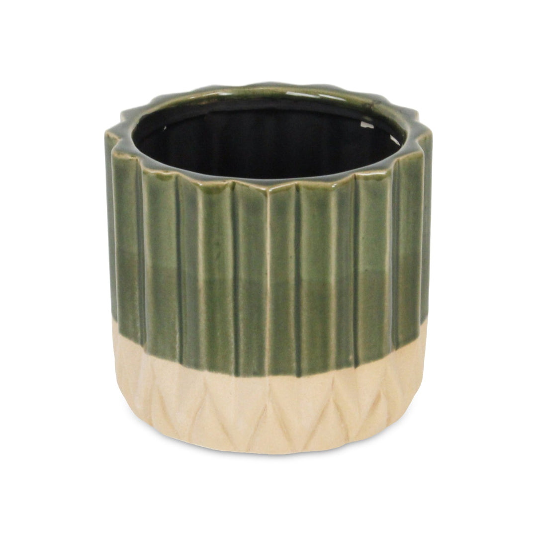 CHEUNGS Cadeon Blossom Design Round Ceramic Pot with Textured Base- Large - Dark Green