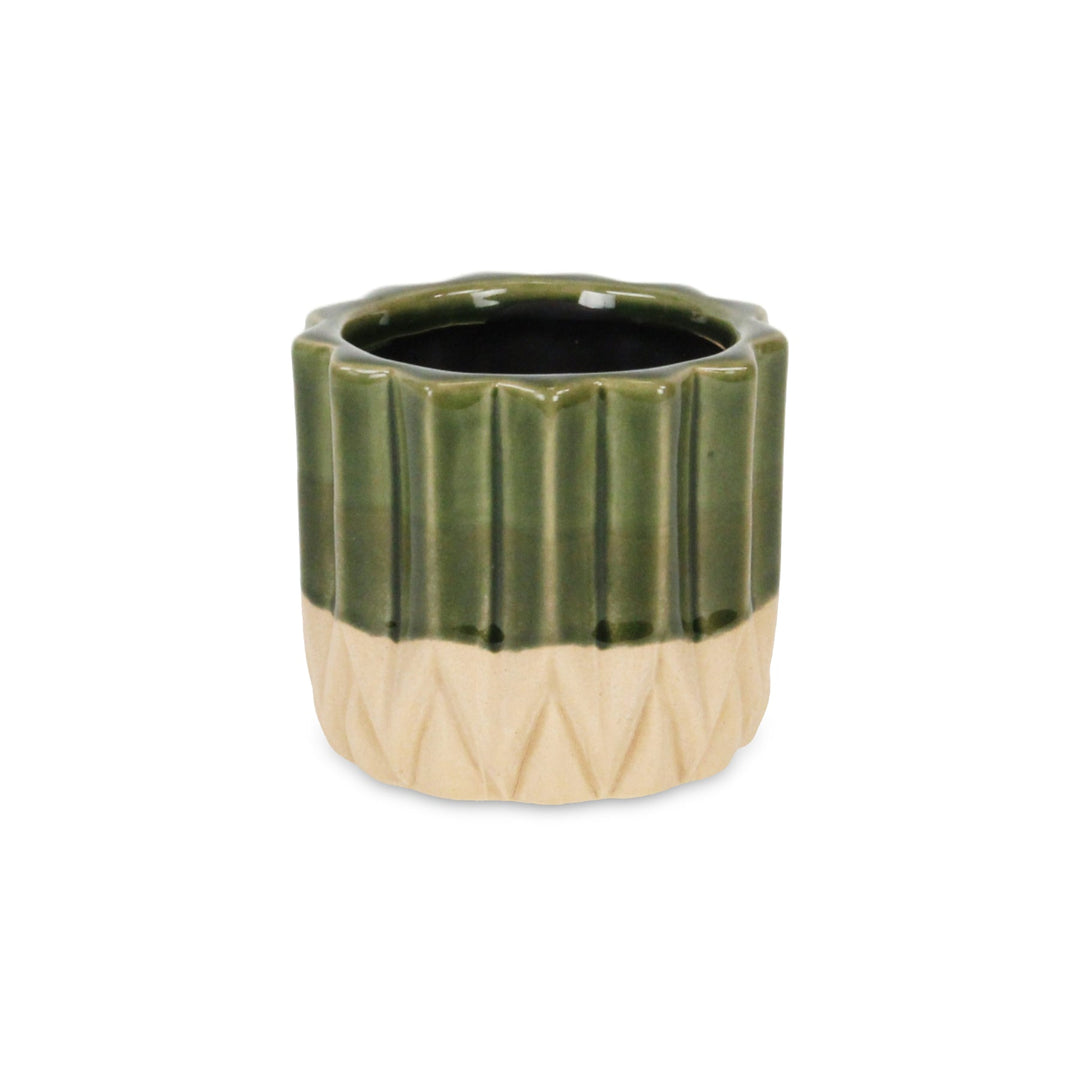 CHEUNGS Cadeon Blossom Design Round Ceramic Pot with Textured Base- Small - Dark Green