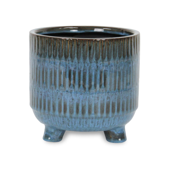 CHEUNGS Victrola Raised Round Tri-Band Lined Pattern Ceramic Pot- Large - Blue