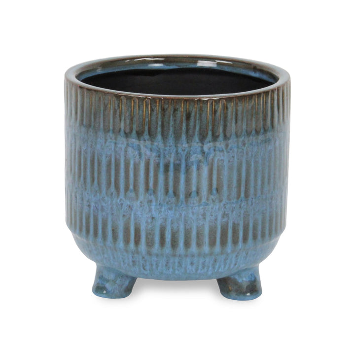 CHEUNGS Victrola Raised Round Tri-Band Lined Pattern Ceramic Pot- Large - Blue