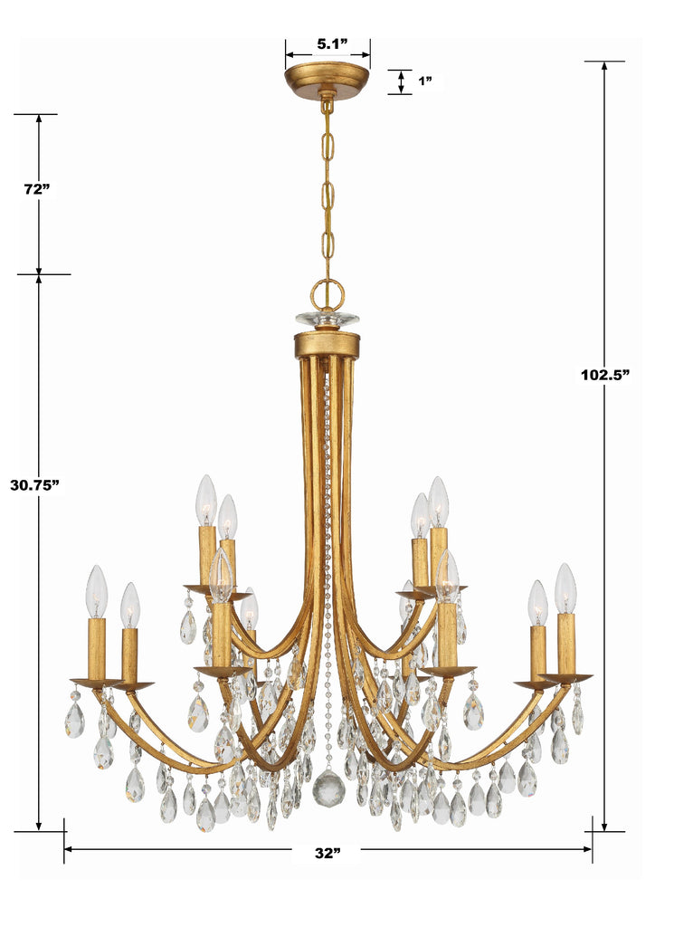 Bridgehampton 12 Light Hand Cut Crystal Antique Gold Chandelier Crystorama