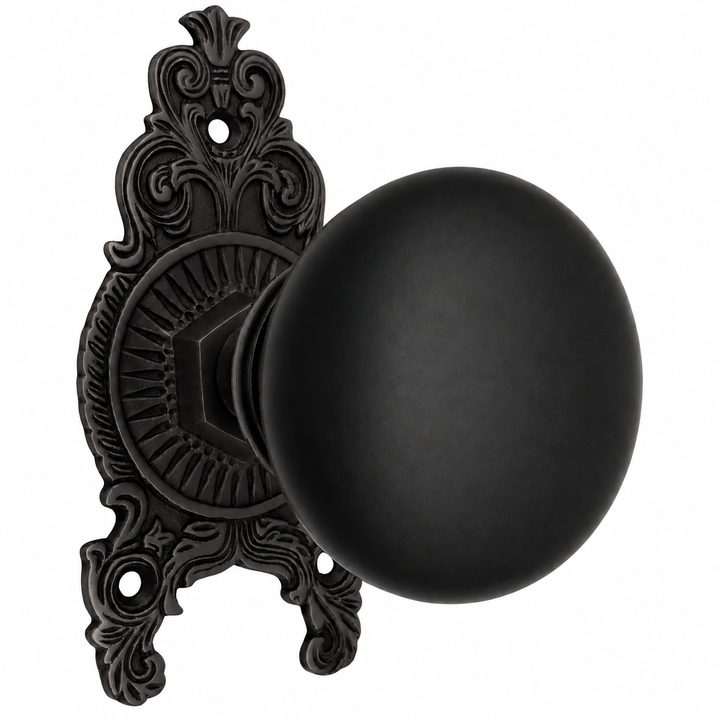 Ornate Victorian Rosette Door Set with Black Porcelain Door Knobs (Several Finishes Available)