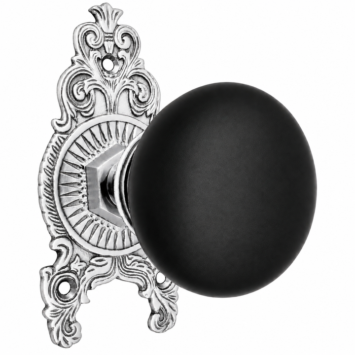 Ornate Victorian Rosette Door Set with Black Porcelain Door Knobs (Several Finishes Available)