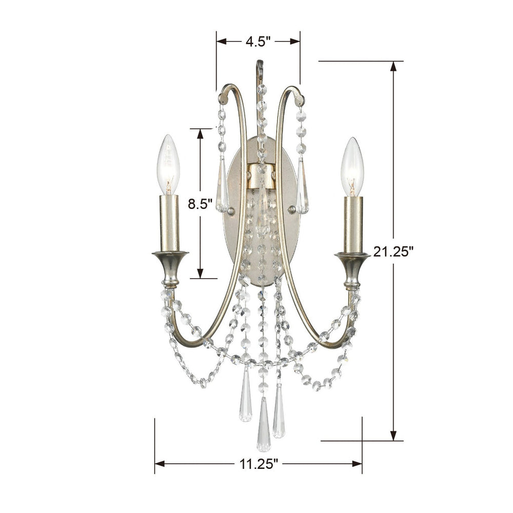 Arcadia 2 Light Antique Silver Sconce Crystorama