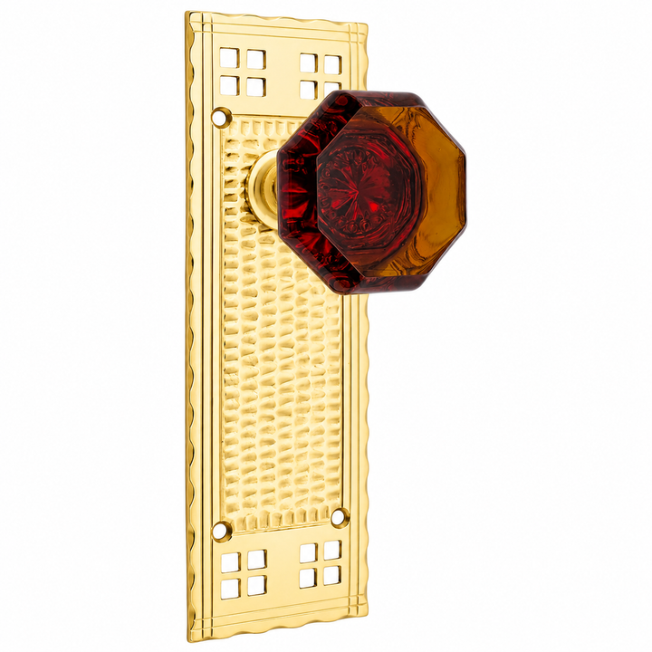 Arts & Crafts Backplate Door Set with Octagon Amber Glass Door Knobs (Black Bronze)