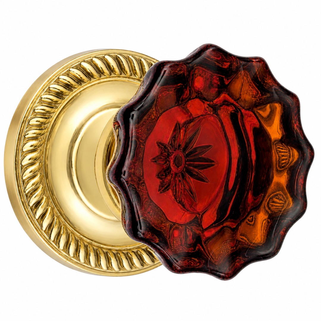 Georgian Roped Rosettes with Fluted Amber Glass Door Knobs (Several Finishes Available)