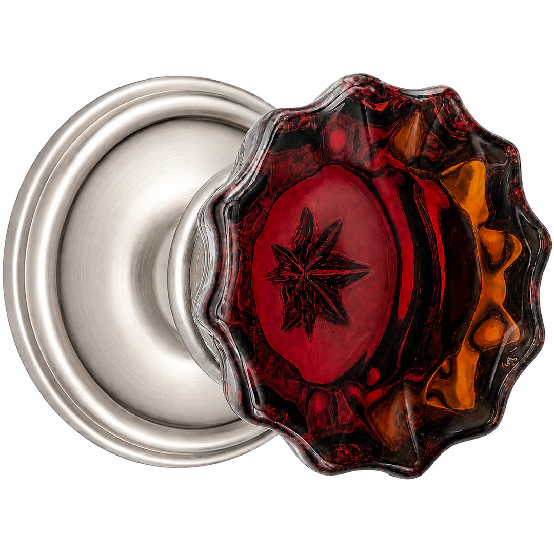 Traditional Rosette Door Set with Fluted Amber Glass Door Knobs (Several Finishes Available)