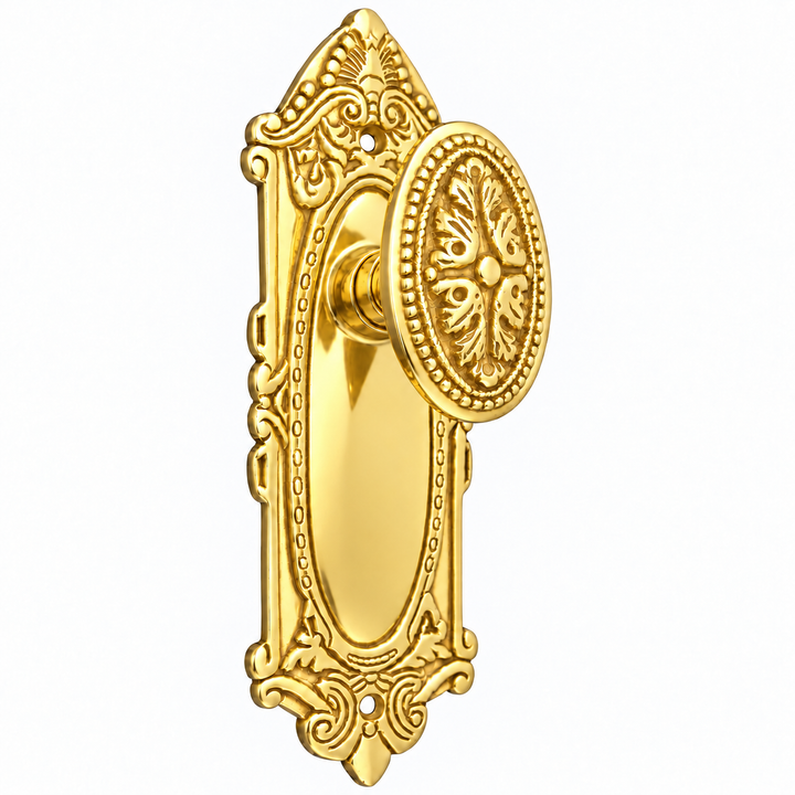 Ornate Victorian Long Backplate Door Set with Avalon Oval Door Knobs (Several Finishes Available)
