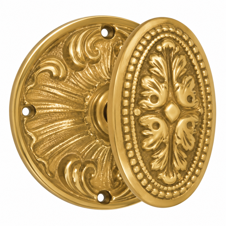 Romanesque Rosette Door Set with Avalon Oval Door Knobs (Several Finishes Available)