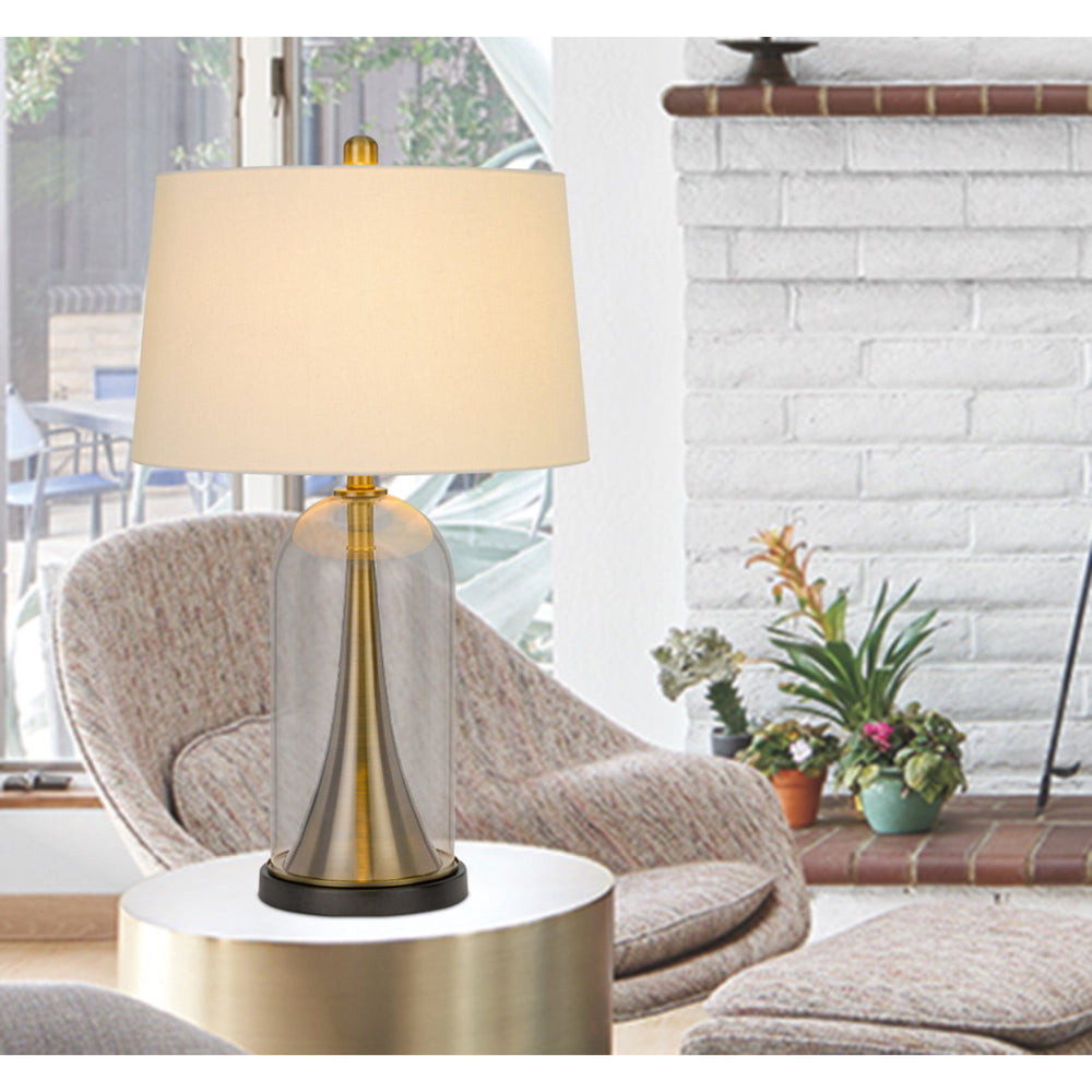 150W 3 WAY CAMARGO GLASS/METAL TABLE LAMP WITH HARDBACK TAPER DRUM FABRIC SHADE Cal Lighting