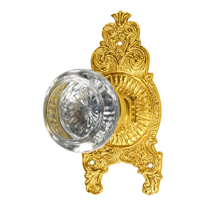 Ornate Victorian Rosette with Round Crystal Door Knobs (Several Finishes Available)