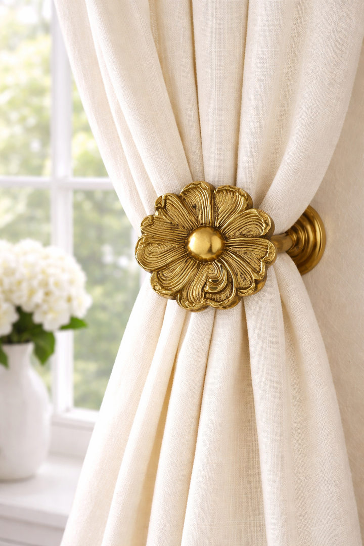 3 Inch Solid Brass Floral Curtain Tie Back (Polished Brass Finish)