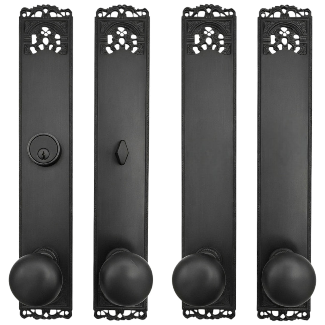 Long Cornice Plate Double Door Deadbolt Entryway Set (Several Finish & Knob Options)
