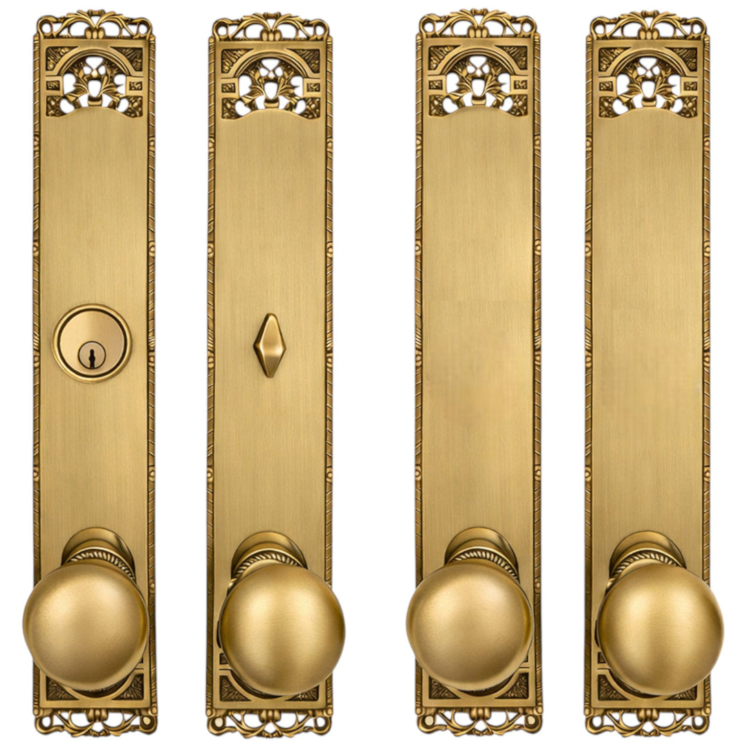 Long Cornice Plate Double Door Deadbolt Entryway Set (Several Finish & Knob Options)