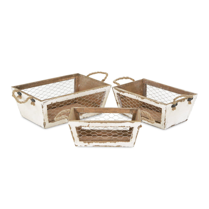 CHEUNGS Irona Set of 3 Tapered Wood & Wire Crates - White