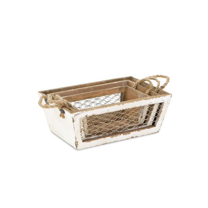 CHEUNGS Irona Set of 3 Tapered Wood & Wire Crates - White