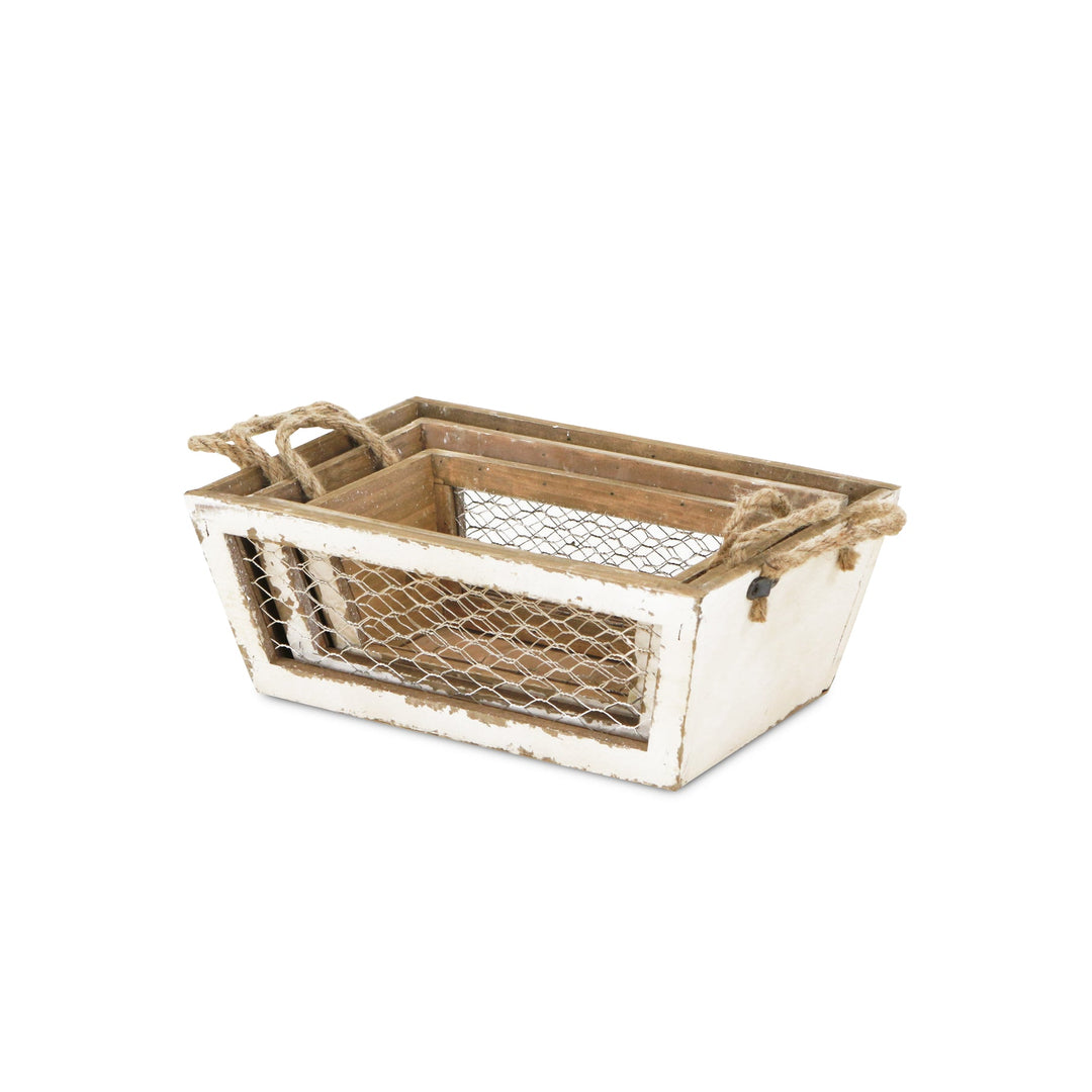 CHEUNGS Irona Set of 3 Tapered Wood & Wire Crates - White