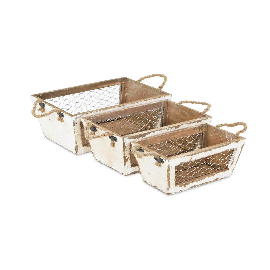 CHEUNGS Irona Set of 3 Tapered Wood & Wire Crates - White