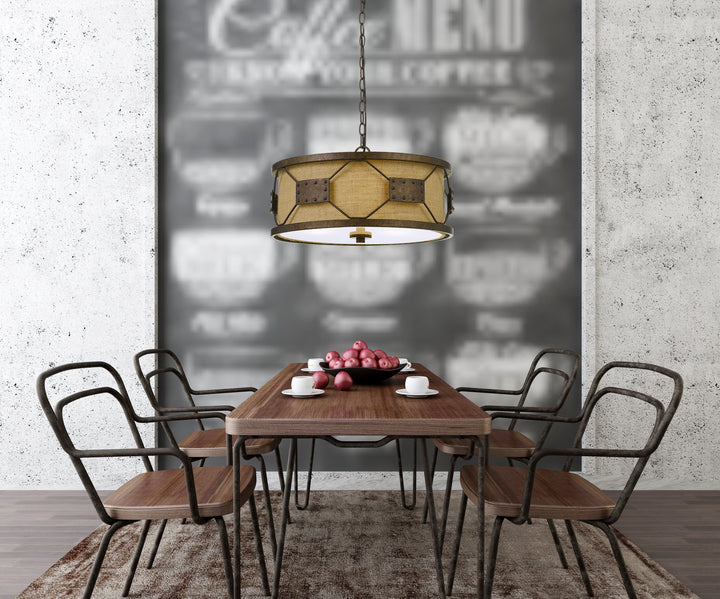 60W X 3 RAGUSA METAL 2 IN 1 PENDANT/SEMI FLUSH MOUNT FIXTURE WITH BURLAP SHADE Cal Lighting