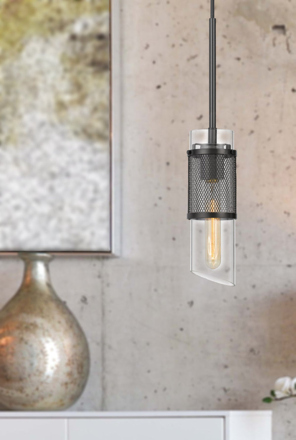 60W SAVONA DOUBLE LAYER GLASS/METAL MINI PENDANT WITH MESH METAL SHADE. (EDISON BULB NOT INCLUDED) Cal Lighting